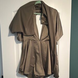 Olive Green Satin V-Neck Women’s Top with Scarf